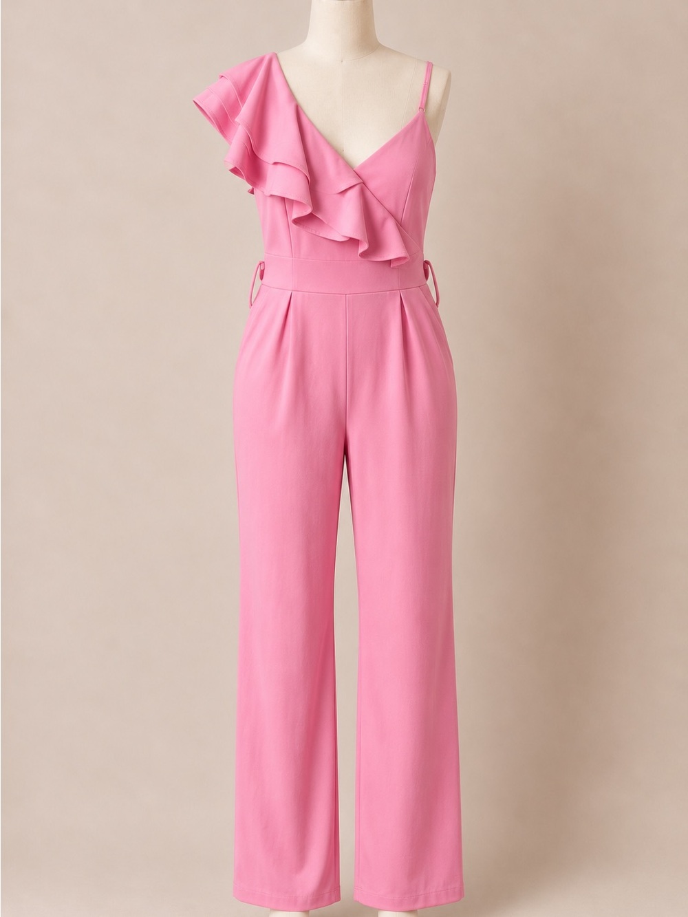 Pink One Shoulder Ruffle Wide Leg Jumpsuit Formal Wedding Guest Party